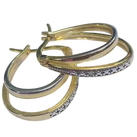 925 Sterling Silver Gold Overlay Two Tone Double Hoop Diamond Earrings